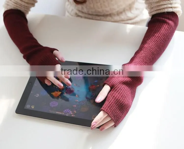 New design pure color knitted elbow length fingerless winter 100% cashmere gloves