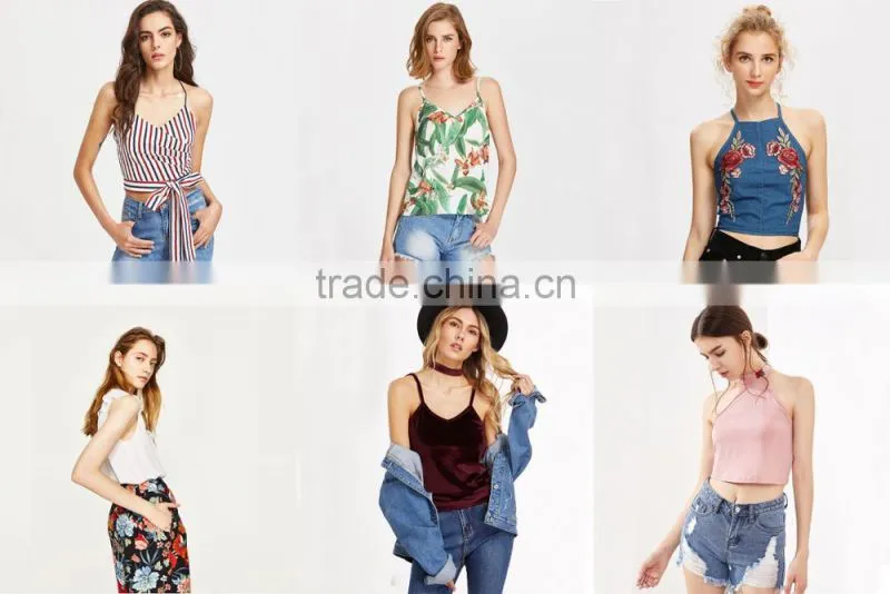 Hot design floral print sexy top, ladies V neck silk short tan top