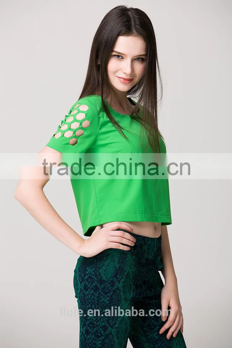 Short sleeve ladies new design hollow out fashionable t-shirt