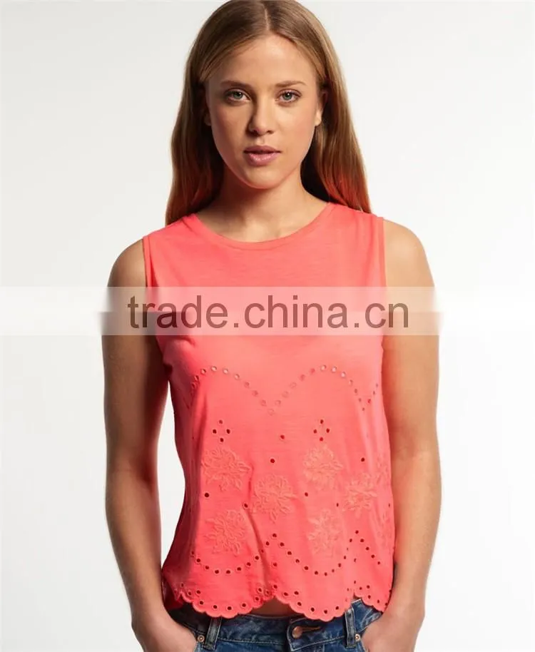 2017 China Shandao High Quality New Fashion Model Sleeveless White Round Neck Cotton Girls Cool Summer Tops