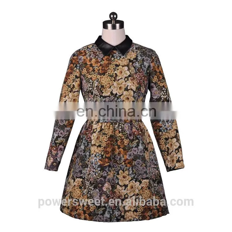 China Wholesale Latest Designs Leather Collar Long Sleeve Floral Print Dress