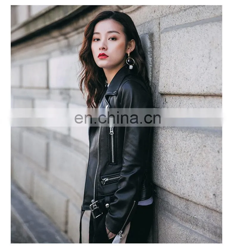 Fashion Cool Zip Front Black Leather Jacket Woman / Real Sheep Skin Jacket Leather / Leather Motorcycle Jacket