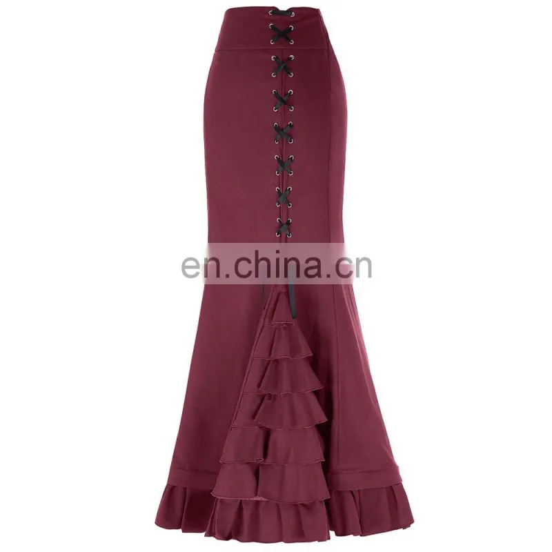 Belle Poque Womens High Stretchy Nylon-Cotton Vintage Retro Ruffled Fishtail Mermaid Victorian Style Wine Long Skirt BP000203-3