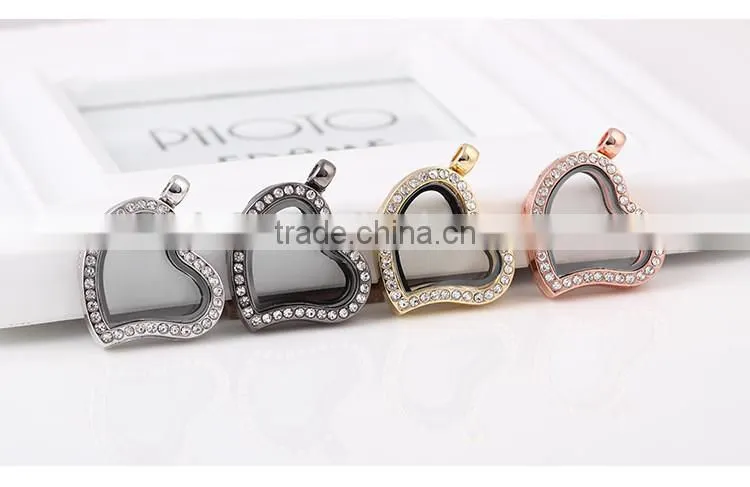 Crystal Rhinestone Heart Shaped Floating Charm Locket Pendant without Chain
