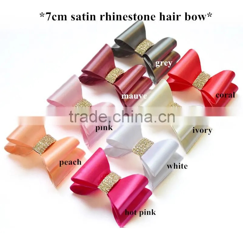 7cm Satin Rhinestone Hair Bow/ baby headband accessories/ glitter bowknot with diamond ribbon