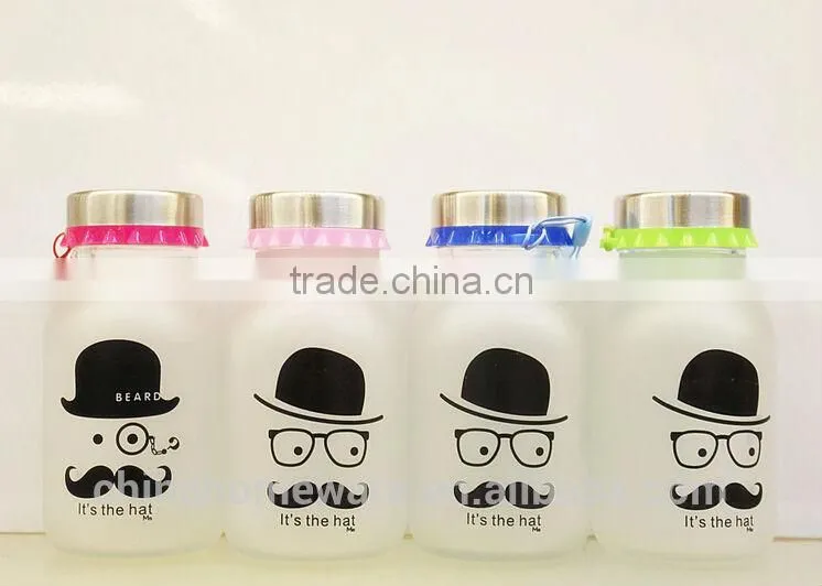 2014year wholesale sealing up lovely mustache water frosted glass bottle student carrying bottles