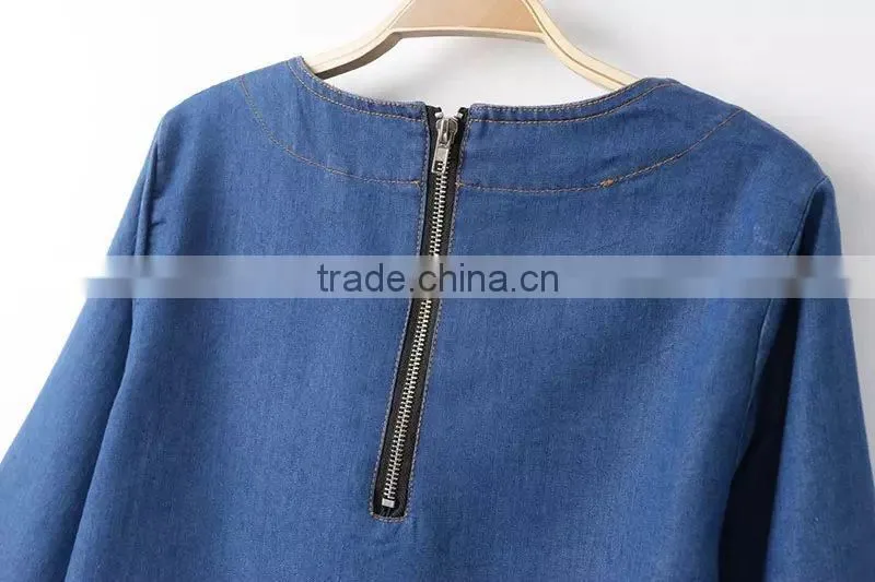 2015 New arrival Latest half sleeve denim woman dress blue denim woman dress
