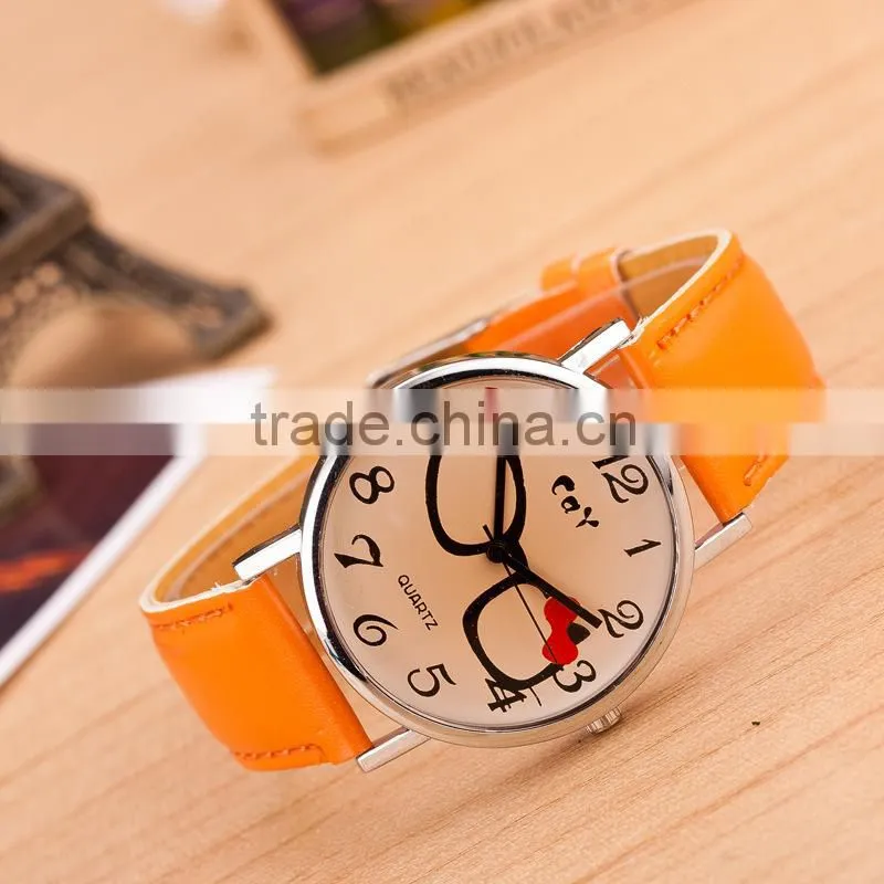 Cheap Alibaba Express Hot Sale Watches Colorful Lovely Glasses White Leather Watch in Stock!