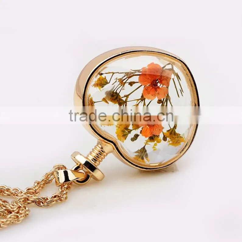 Fashion Jewelry Dried Flower Locket Romantic Crystal Glass Heart Shape Floating Locket Pendant for Women Girls