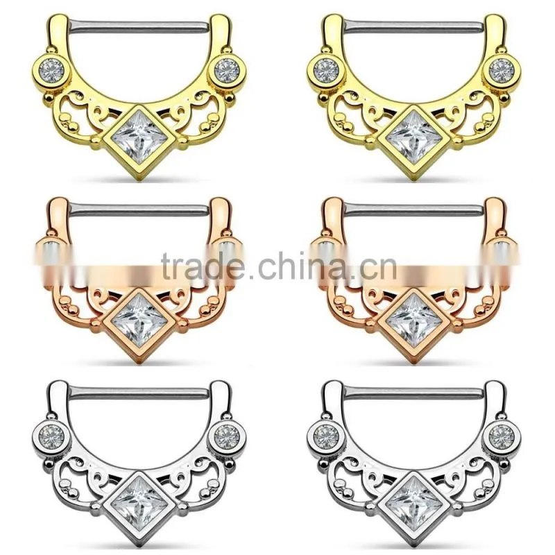 Square CZ Floral Fan Nipple Ring Clicker Body Piercing Jewelry