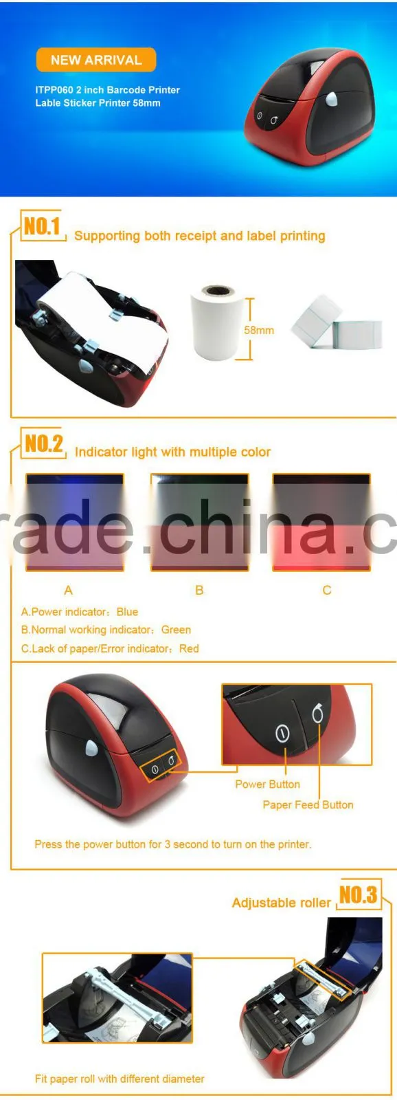 ITPP060 30x20mm Sticker Printer 2 inch Barcode Printer Lable Sticker Printer 58mm