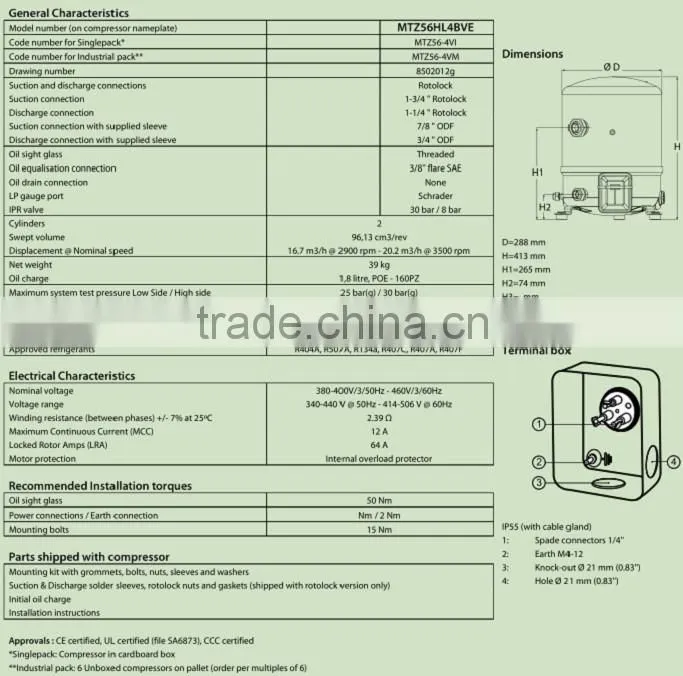 MT series Hemetic refrigeration Maneurop compressor MTZ56