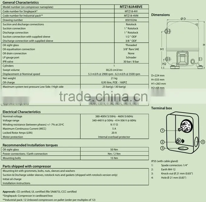Excellent energy efficiency Piston refrigeration Maneurop compressor MTZ18