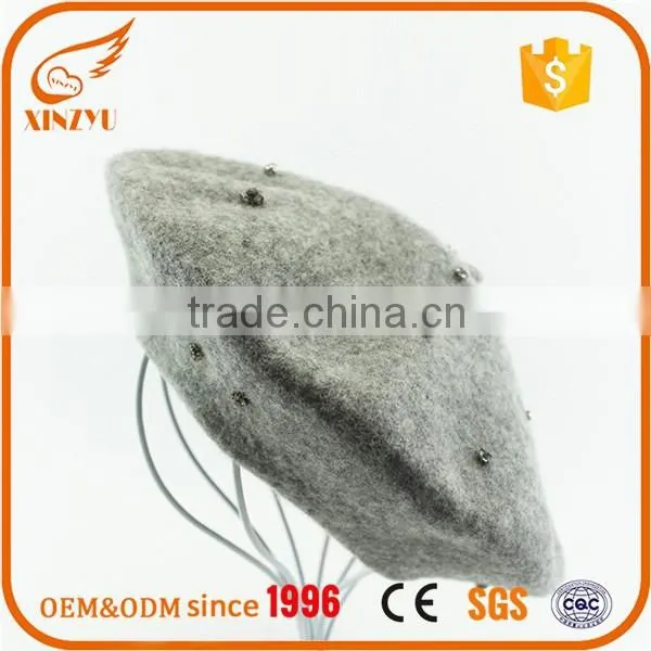 Gery diamond decoration wool polystercustom printing beret caps and hat