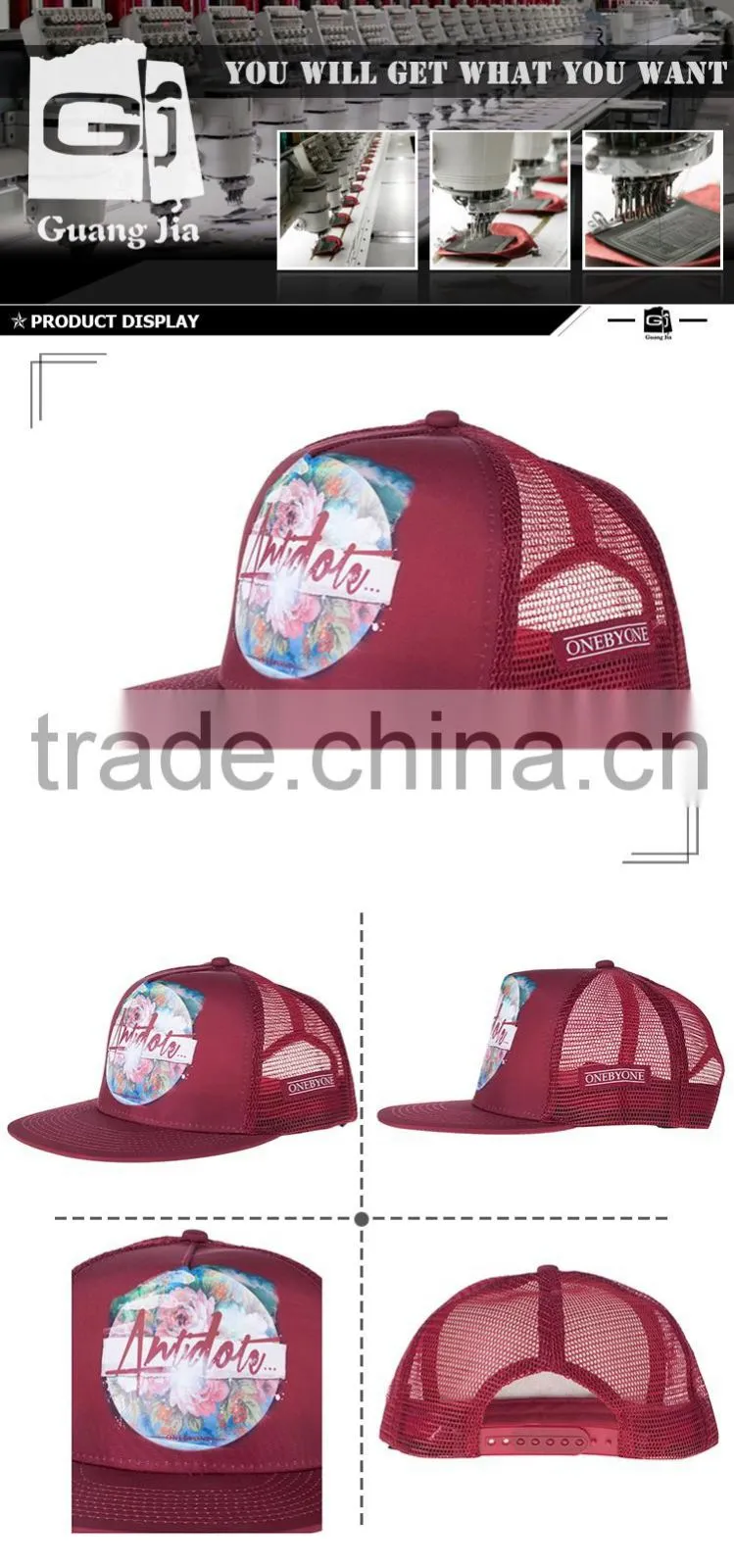Wholesale Plain Burgundy Printing Floral Pattern Flat Bill Mesh hat Custom Snapback Trucker Cap