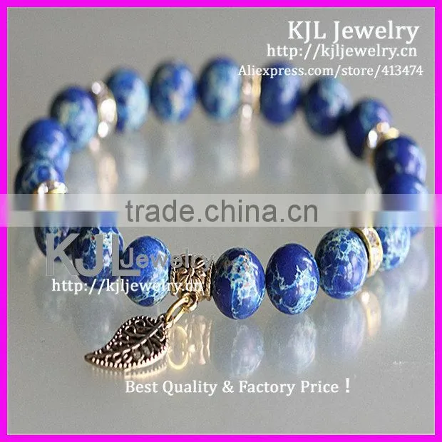 KJL-A0226 Hot New Natural 8MM Turquoise Stone Beaded Bracelet,Gold Metal Leaf Shape Charm Pendant Bracelet