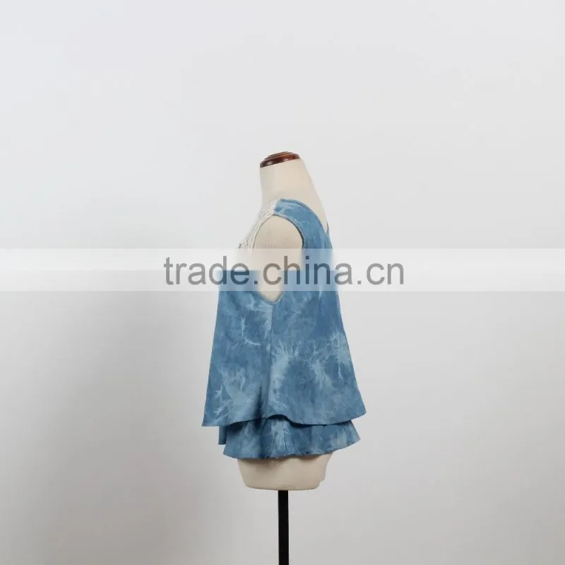 OEM Custom designs denim shirt with lace sleeveless causal girl woman top in Guangzhou