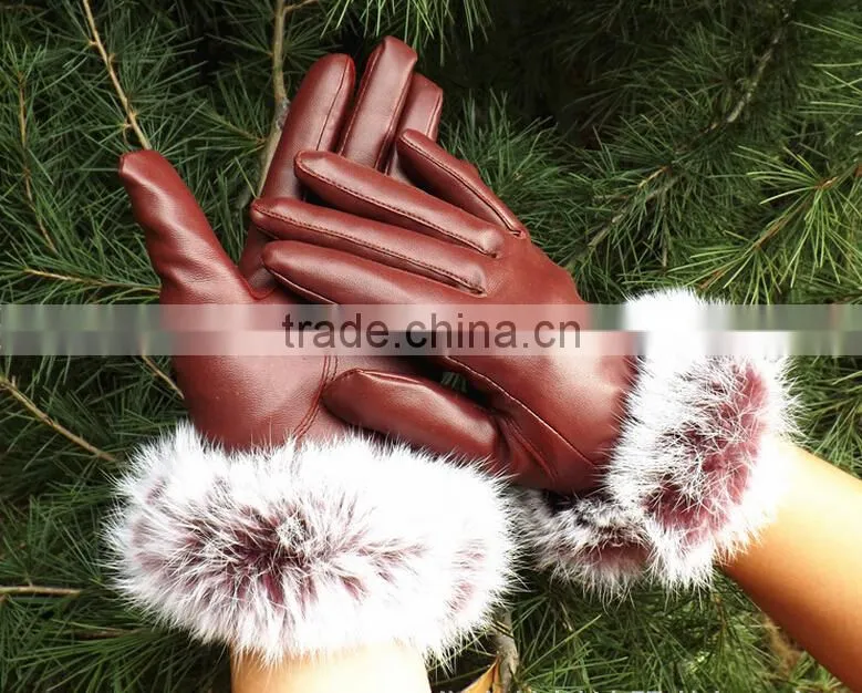 Korea Style Full Finger PU Material Winter Keep Warm and Velvet Cycle Gloves for Woman
