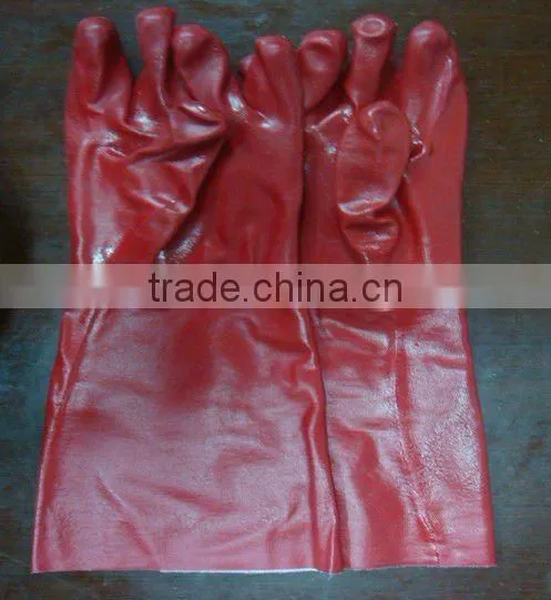 red PVC glove, gauntlet, 40cm,interlock line, smooth finish