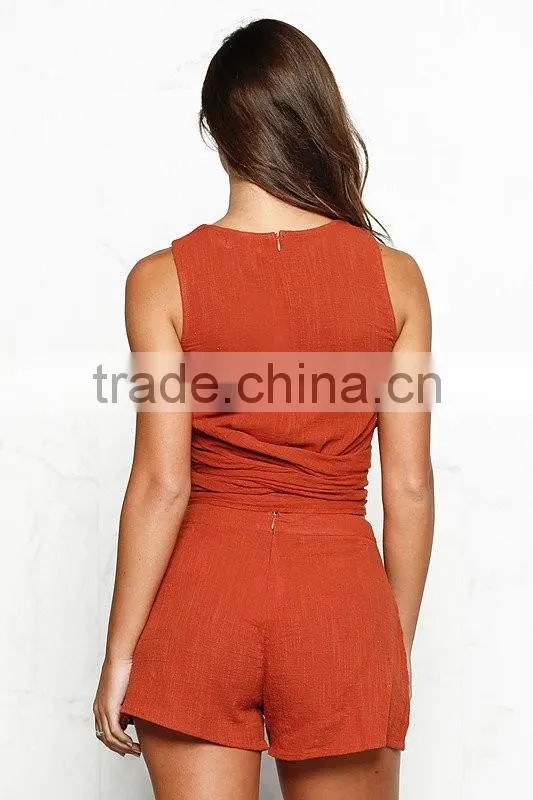 Cotton & Linen Fashionable High Low Crop Tops And Shorts Women Two Piece Sets