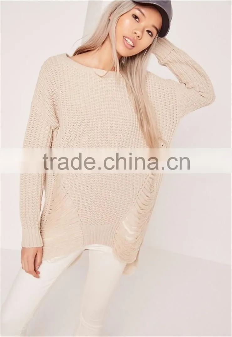 Custom Made Women Longline Oversized Knitwear Private Label Own Branding Sweater Distressed Off Shoulder Jumper Cream