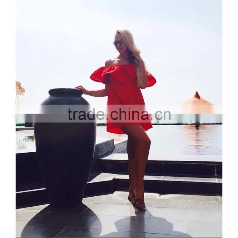 Ladies fashion half shoulder-off dresses lady's short butterfly sleeve dress for wholesale 2017