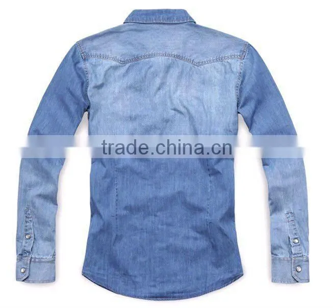 European fashion style Light blue 100%Natural Cotton soft Denim/Retro Cowboy Shirt for men with S,M,L,XL,XXL peaked collar