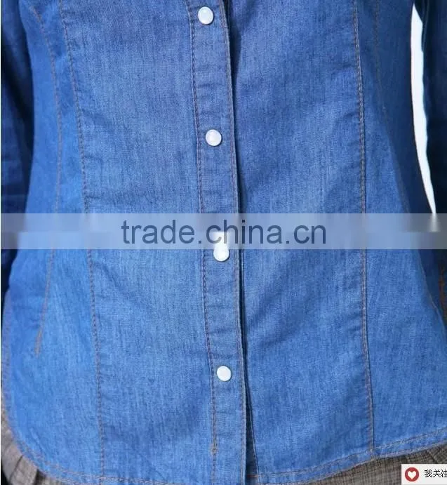 new slim fit long sleeves denim dress shirts for women with two pockets