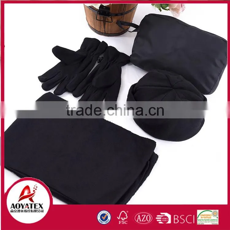 promotion polar fleece cheap scraf hat gloves sets package with polyester taffeta bag