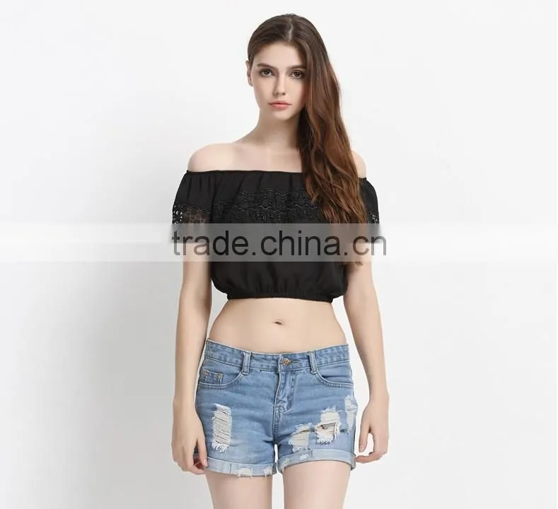 Wholesale Hot Sale Photo Image Girls Boat Neck Blouse Designs Ladies Fashion Crop Top