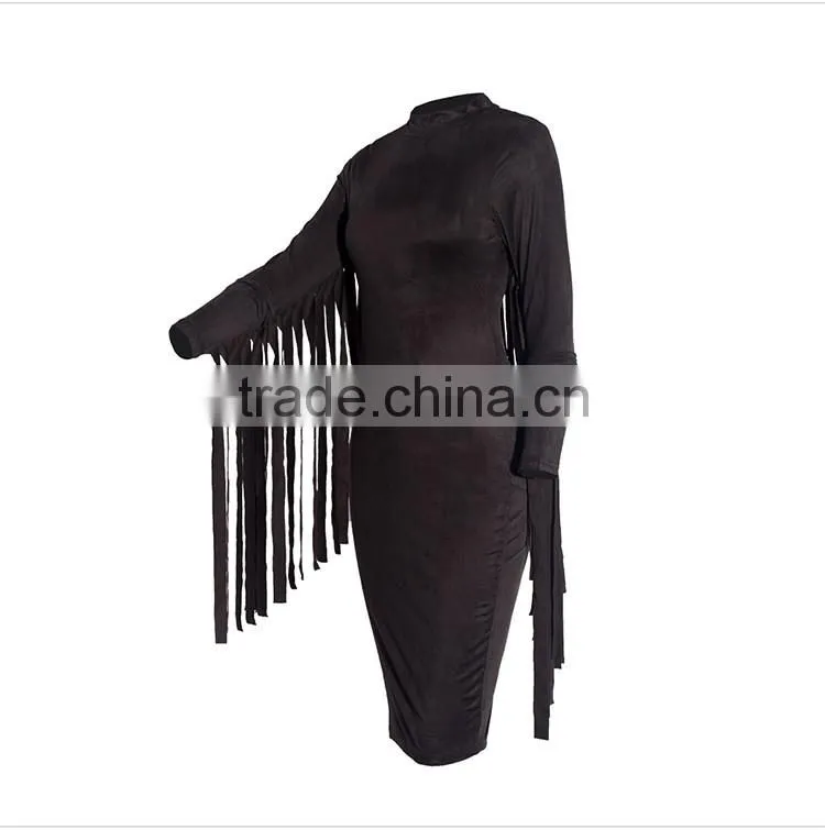 woman fashion dress personality tassel bandage dress long sleeve evening dress