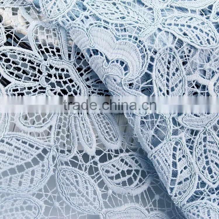 Custom promotion Soft light blue guipure fabric chemical water soluble lace for evening dress