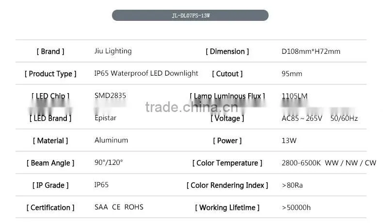 Dongguan COB or SMD LED Down Lights 95mm Cutout 13W IP65 Waterproof LED Downlight