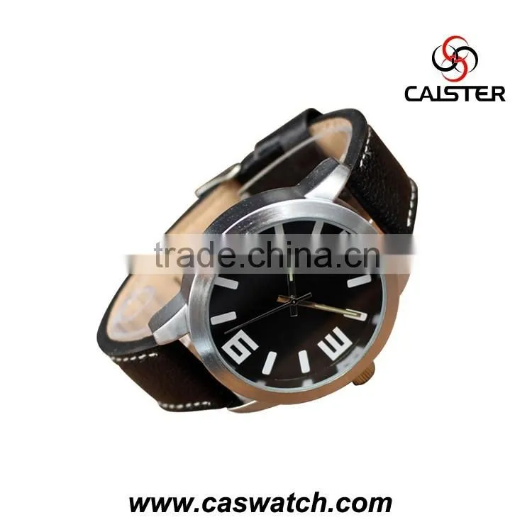 2016 classic simple design men's watch with large face, black face leather watch, sports style quality water resistant watch
