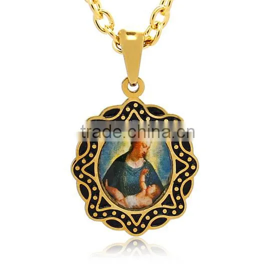 316L Coin Shape Black Enamel Virgin Mary and Angel Baby Pendant Holy Medal for Christian Prayers Vintage for Men and Women
