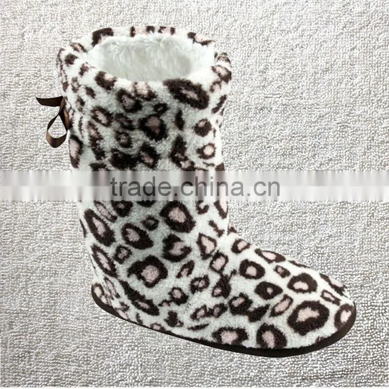Ladies Non Slip SLIPPER Boots Leopard Faux Fur Indoor Warm Furry Slipper Boots