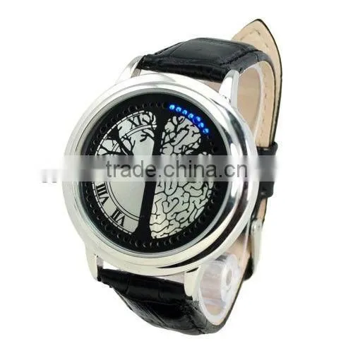 touch screen led watch with bule light three face leather pu brand