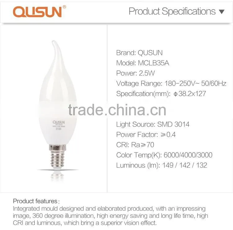 QUSUN LED Candle Light 2.5W Fluorescent Finish for Ambience Lighting