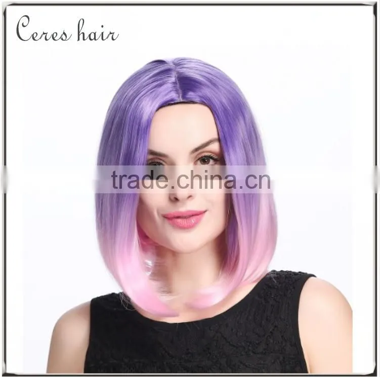 high temperature synthetic hair wig lace front ombre purple to pink wig for young lady