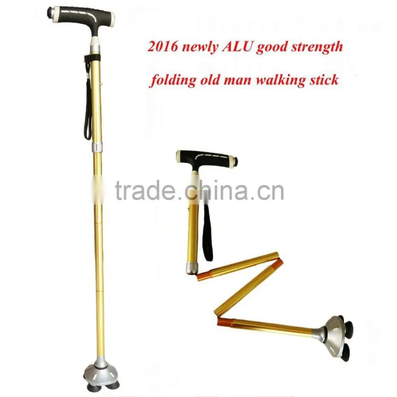 newly aluminum adjustable good strength folding elderly old man walking stick with light