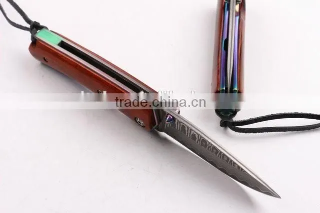 OEM Damascus steel pocket knife with survival rope