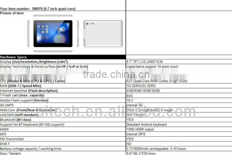 DM970 9.7 inch quad core Google Android 4.0GingerbreadTFT LCD 2048*1536 tablet pc