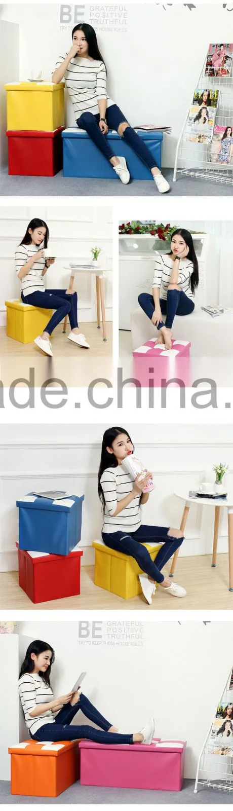 Waterproof square Faux Leather Folding Seat Foot Stool Storage Box