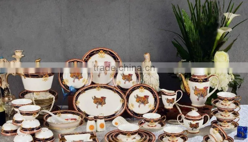 Neo saddle painting design quality bone china 69pcs dinnerware set with tea set