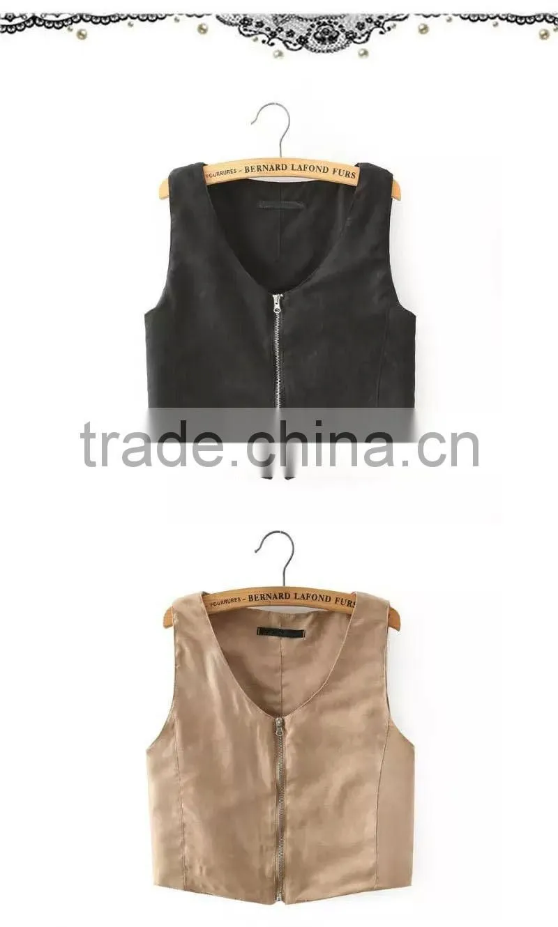 Trendy Retro Full Zip Faux Suede Sleeveless Bodycon Short Crop Vest Tank Jacket Top