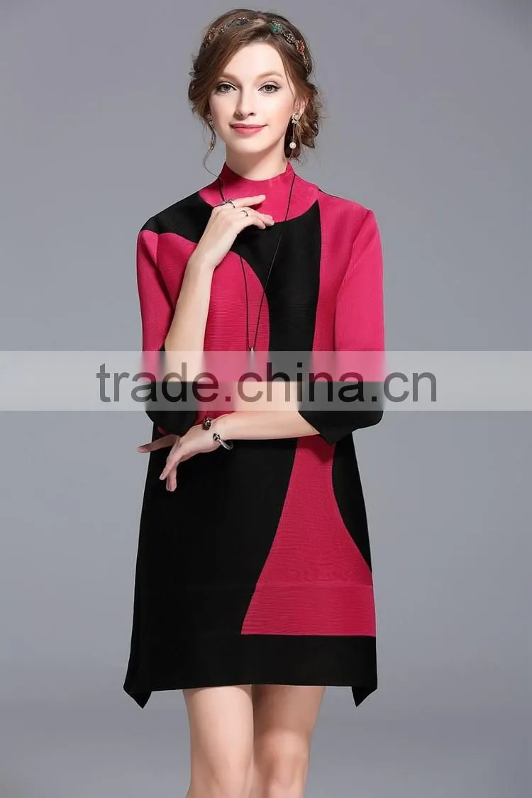 Women creased 3/4 sleeve printing high elastic dresses wholesale
