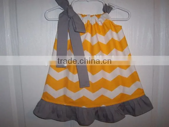 Children's yellow chevron and polka dot hem girls pillowcase dresses with ribbon childrens boutique clothing