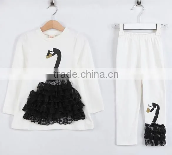 Black and white baby girl Swan cotton suit autumn children suit for girls fall paragraph T-shirt +Pants 20019
