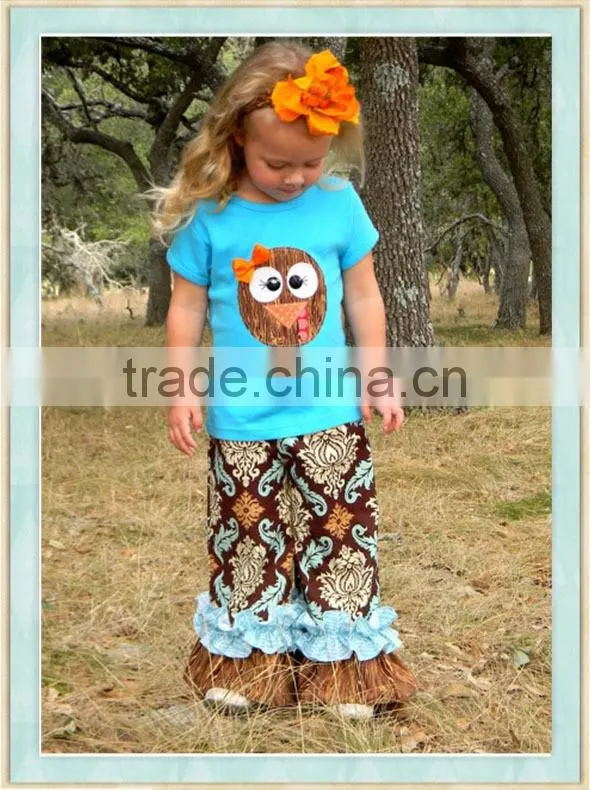 Turkey Tail Set Double Ruffle Pants and Turkey Top Long or Short Slvd Applique Blue Shirt & Floral Ruffle Pant set 2016