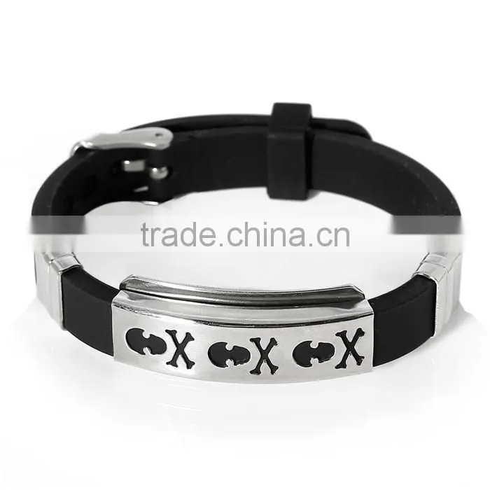 New Fashion Silicone Bracelets Black, 304 Stainless Steel Silver Tone Halloween Skull Carved 22.7cm Bracelets